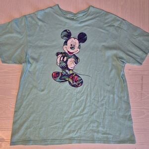 Disney Mickey Mouse Mens Womens T Shirt Floral Hawaiian Aqua Green Short Sleeve